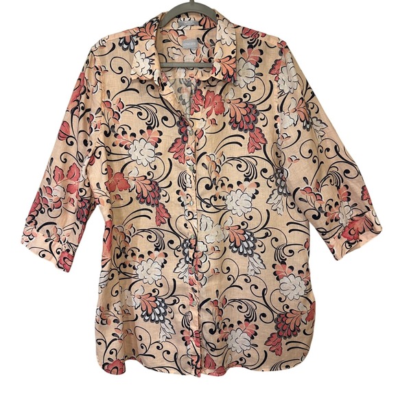 Chico's Fresh Floral Print No Iron 3/4 Sleeve Button Down Blouse Top Linen L - Picture 1 of 5